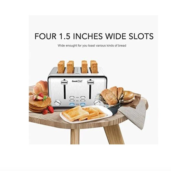 Toaster 4 Slice, Geek Chef Stainless Steel Toaster with Extra Wide Slots, 4 Slot - Picture 2 of 14
